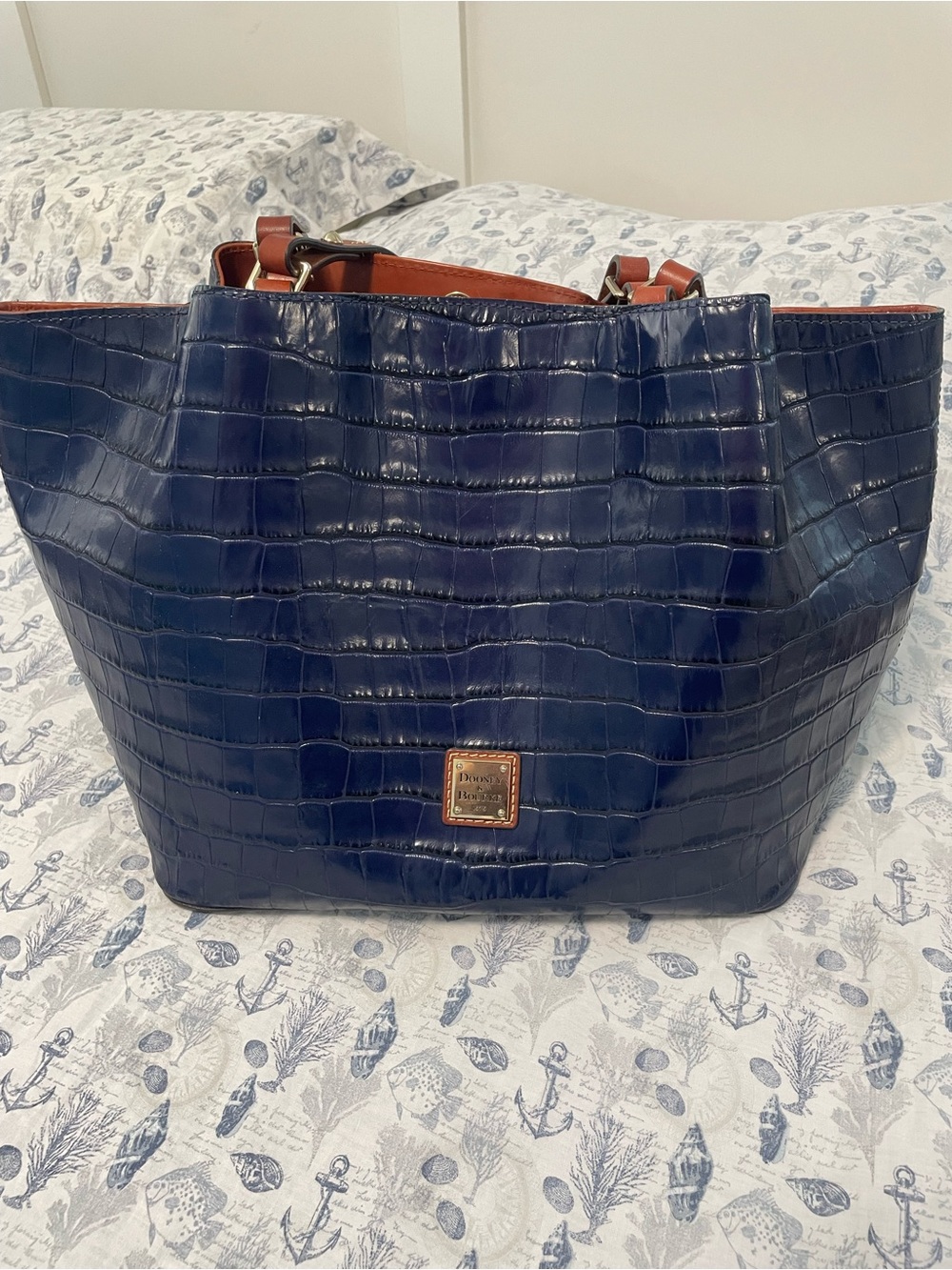 Dooney & Bourke Navy Croc-Embossed Leather Shoulder Tote with Brown Trim